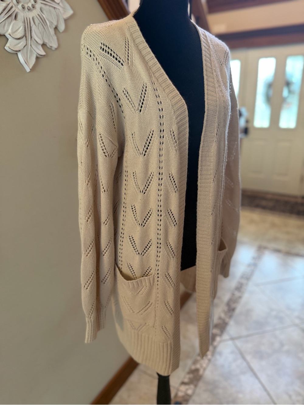 Pink Rose Open Front Pointelle Cardigan – Size Large